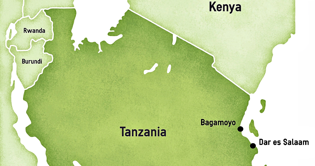 Map of Tanzania featuring the port of Bagamoyo