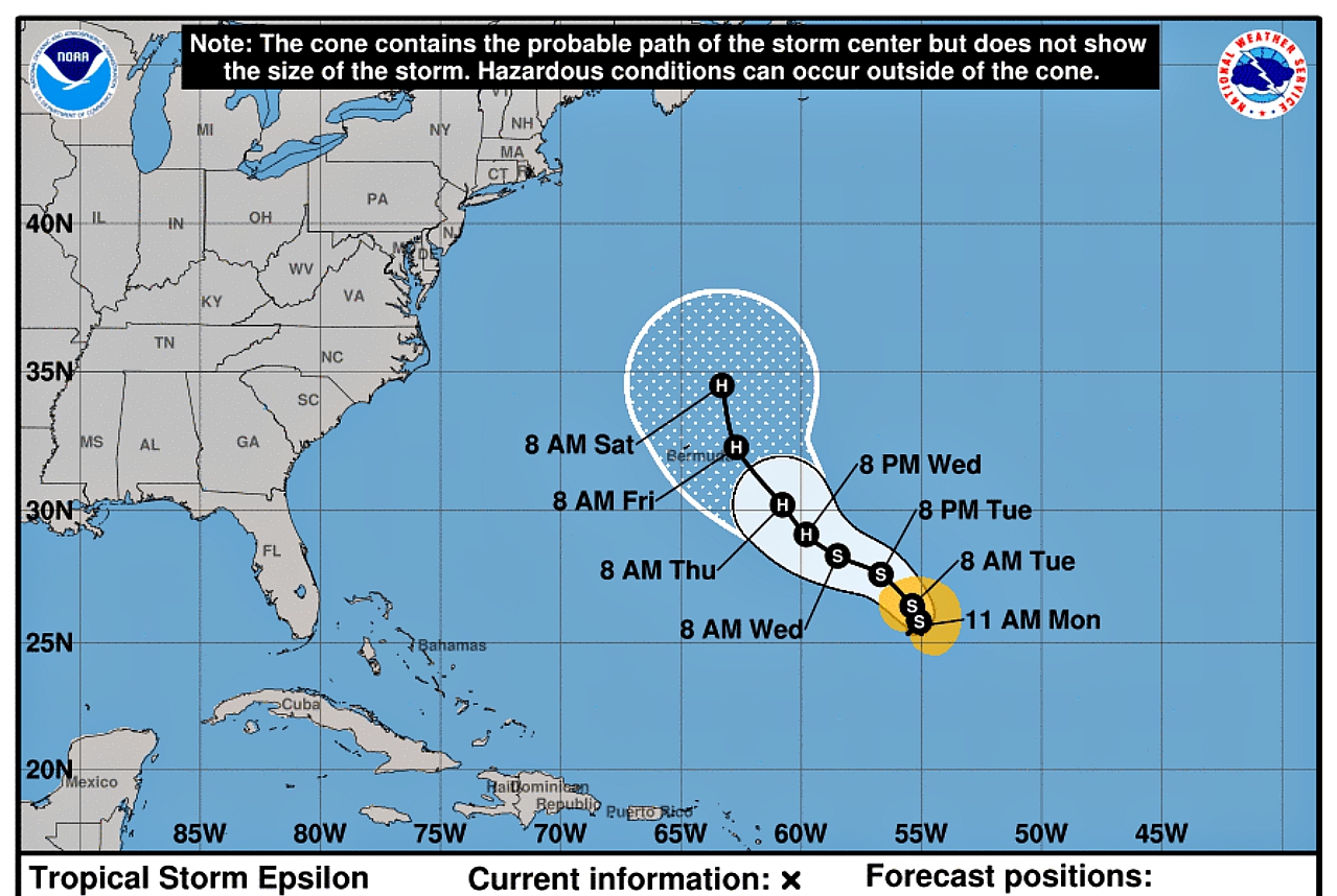 Hurricane Epsilon, the 10th of a busy season, nears Bermuda