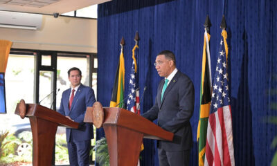 Jamaican Prime Minister Andrew Holness and U.S. Secretary of State Marco Rubio at a press conference discussing the Cuban doctor program and U.S. policy concerns.