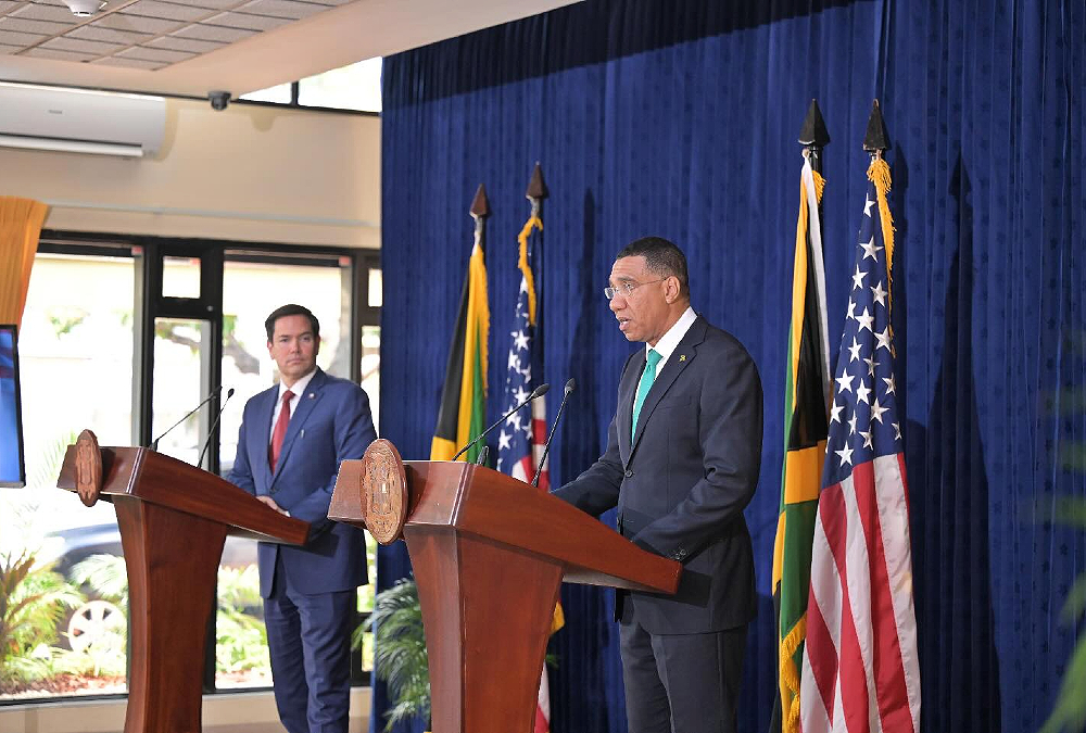 Jamaican Prime Minister Andrew Holness and U.S. Secretary of State Marco Rubio at a press conference discussing the Cuban doctor program and U.S. policy concerns.