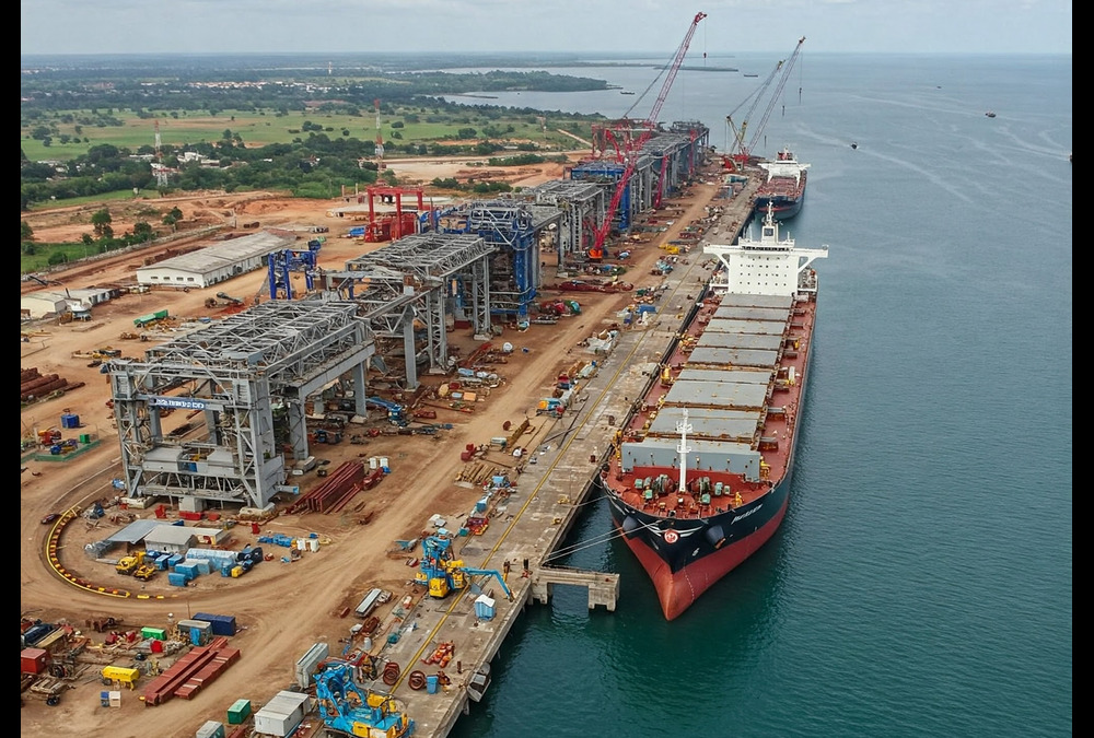 Port construction at Kribi, Cameroon showcasing large vessel accommodation