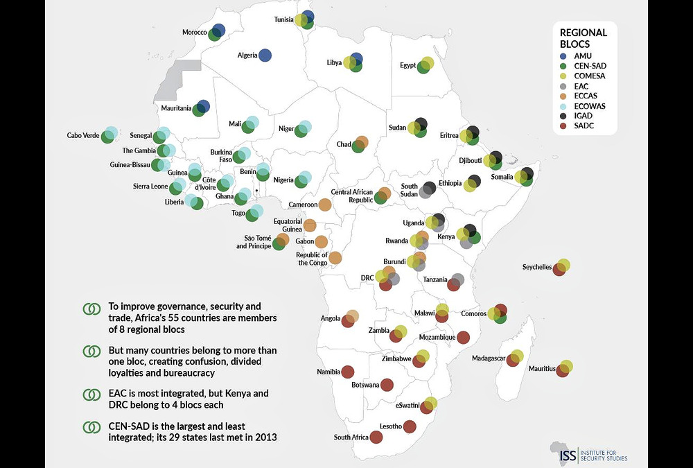 Map of Africa showing overlapping regional trade blocs including ECOWAS, EAC, COMESA, and SADC, illustrating the complexity of economic integration across the continent.