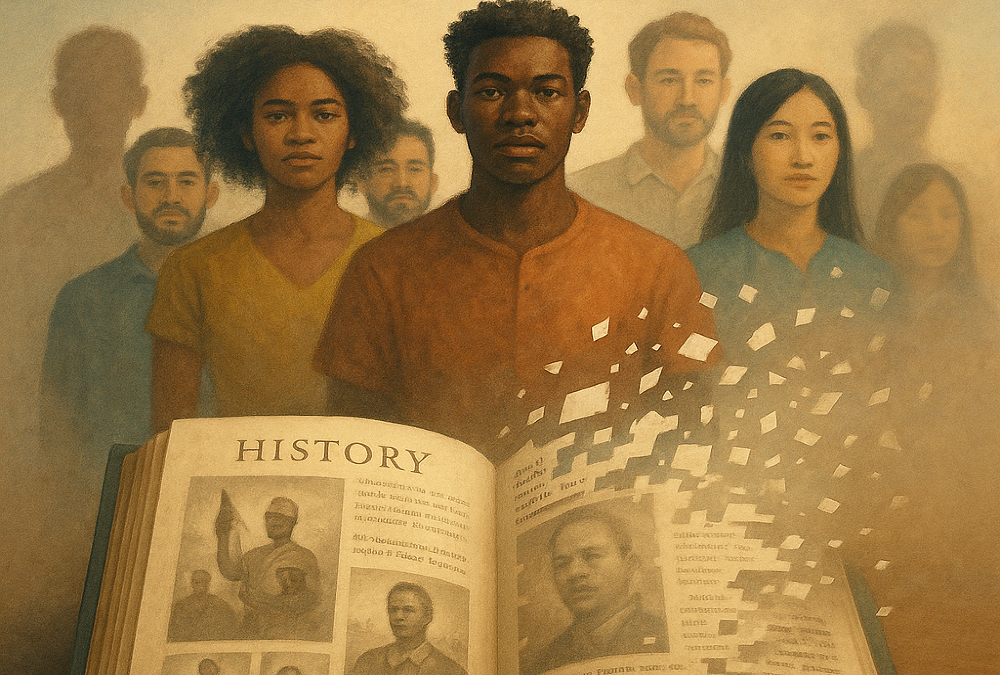Illustration of racial history erasure and the dangers of color-blind ideology in education, highlighting the importance of truth and diversity in fostering racial progress.