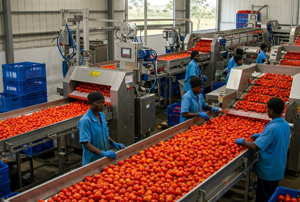 Africans working in an agro-processing factory, promoting sustainable jobs