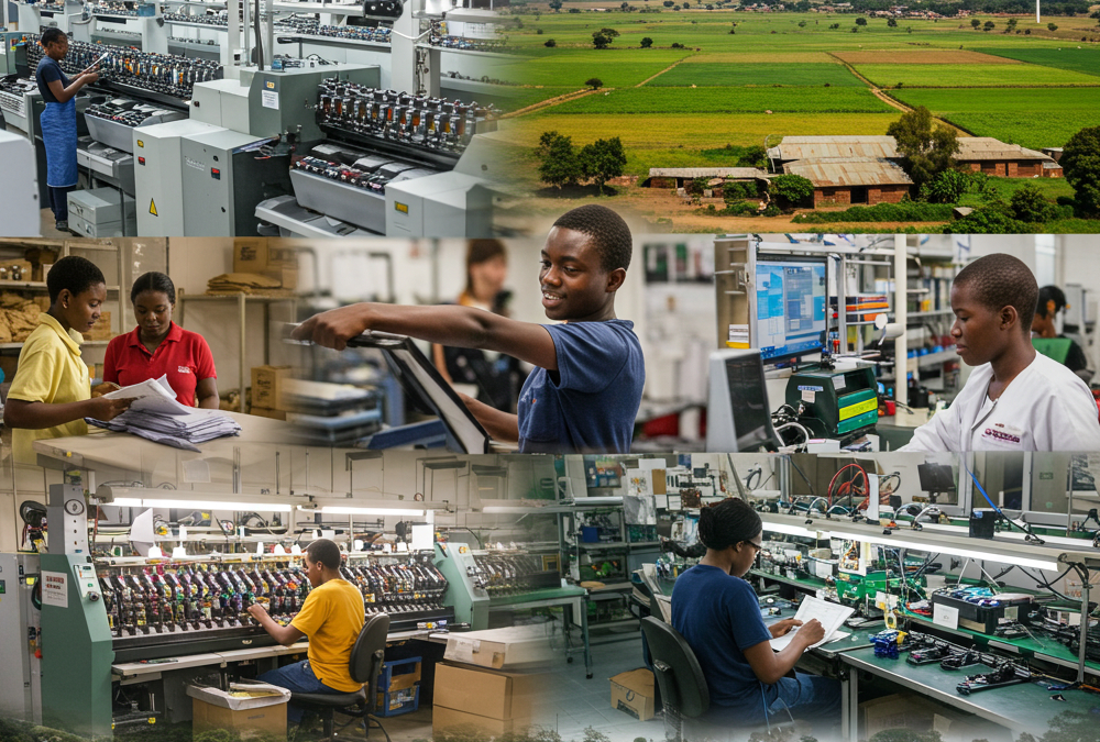 Africa highlighting key manufacturing sectors like textiles, electronics, and agriculture, with emphasis on the continent's young workforce.