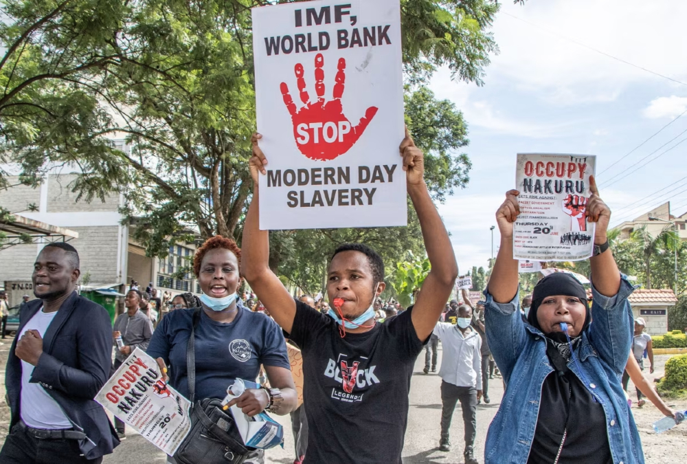 Protesters holding signs against IMF policies