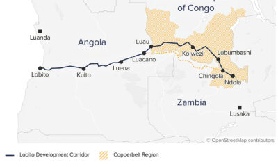 Map of the Lobito Corridor connecting Angola, Zambia, and DR Congo to the Atlantic Ocean via rail and road infrastructure