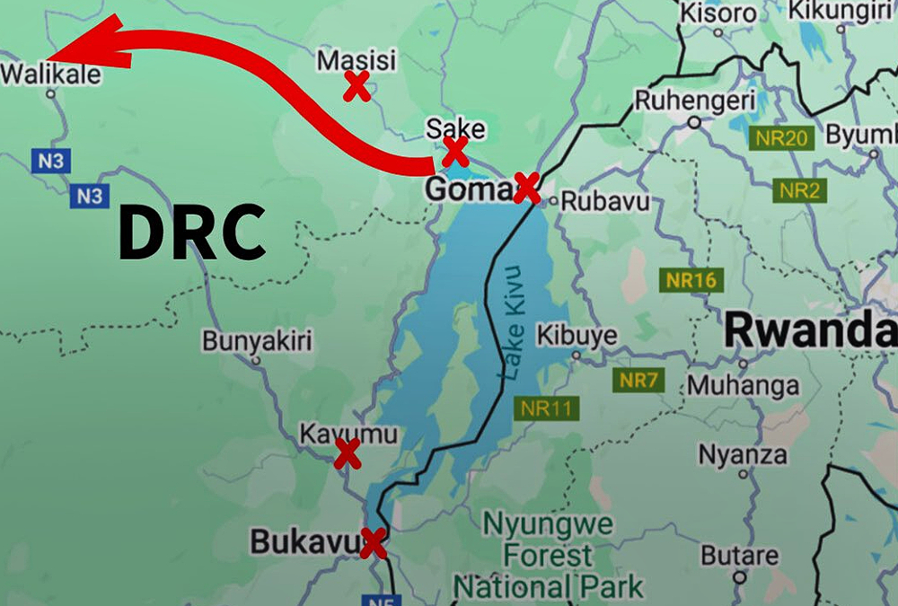 Map showing conflict zones in eastern DR Congo amid ongoing violence with M23 rebels in 2025