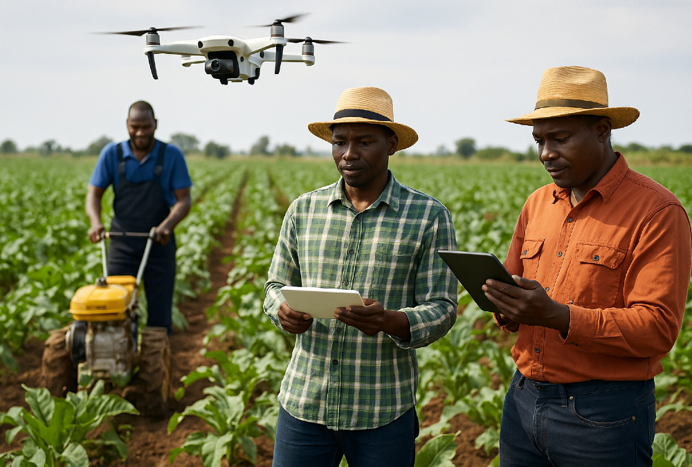 African farmers using smart agriculture technology like drones, sensors, and AI to drive a trillion-dollar agricultural revolution.