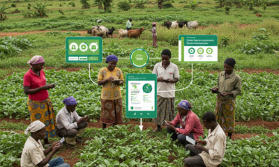Smallholder farmers in Africa using digital platforms for accessing agricultural services, financial products, and market connections to improve food security and financial inclusion.