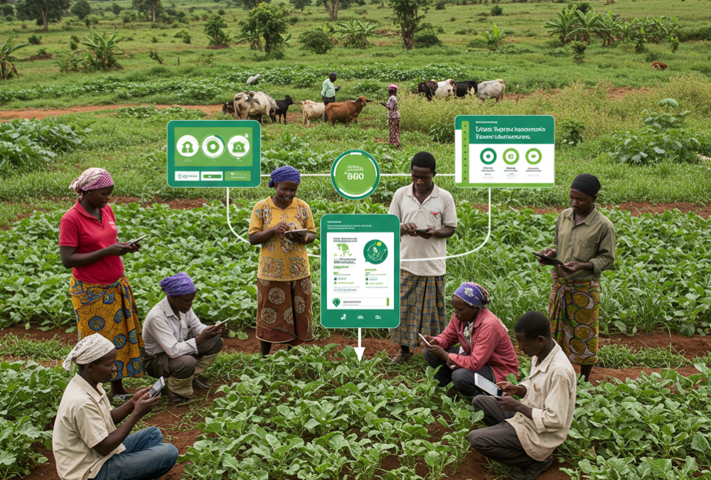 Smallholder farmers in Africa using digital platforms for accessing agricultural services, financial products, and market connections to improve food security and financial inclusion.
