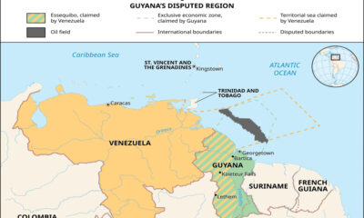 Map of Guyana highlighting the Essequibo region disputed by Venezuela, central to a territorial conflict involving proposed Venezuelan elections and ICJ intervention.
