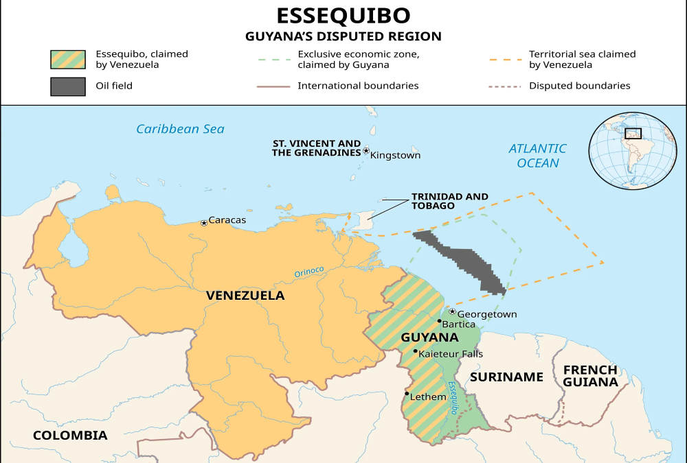 Map of Guyana highlighting the Essequibo region disputed by Venezuela, central to a territorial conflict involving proposed Venezuelan elections and ICJ intervention.