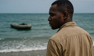 African man gazing at the sea with an abandoned inflatable boat in the distance, symbolizing the impact of visa denials and dangerous migration routes.