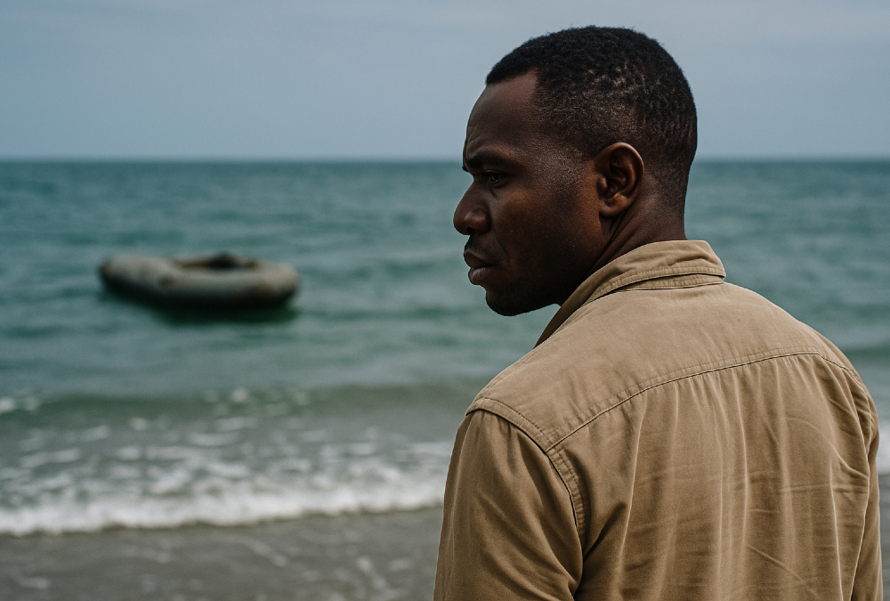African man gazing at the sea with an abandoned inflatable boat in the distance, symbolizing the impact of visa denials and dangerous migration routes.