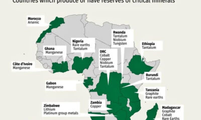 Map of Africa highlighting countries rich in critical minerals like cobalt, lithium, copper, and rare earth elements essential for clean energy and technology.