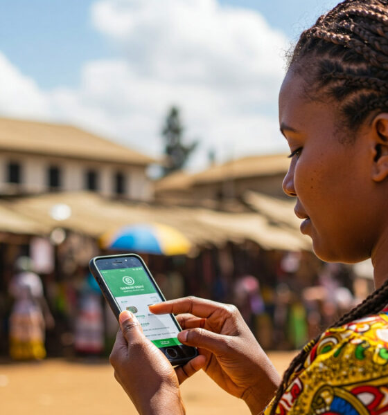 African woman using mobile money on a smartphone, depicting the continent’s rapid digital disruption and mobile payment adoption.