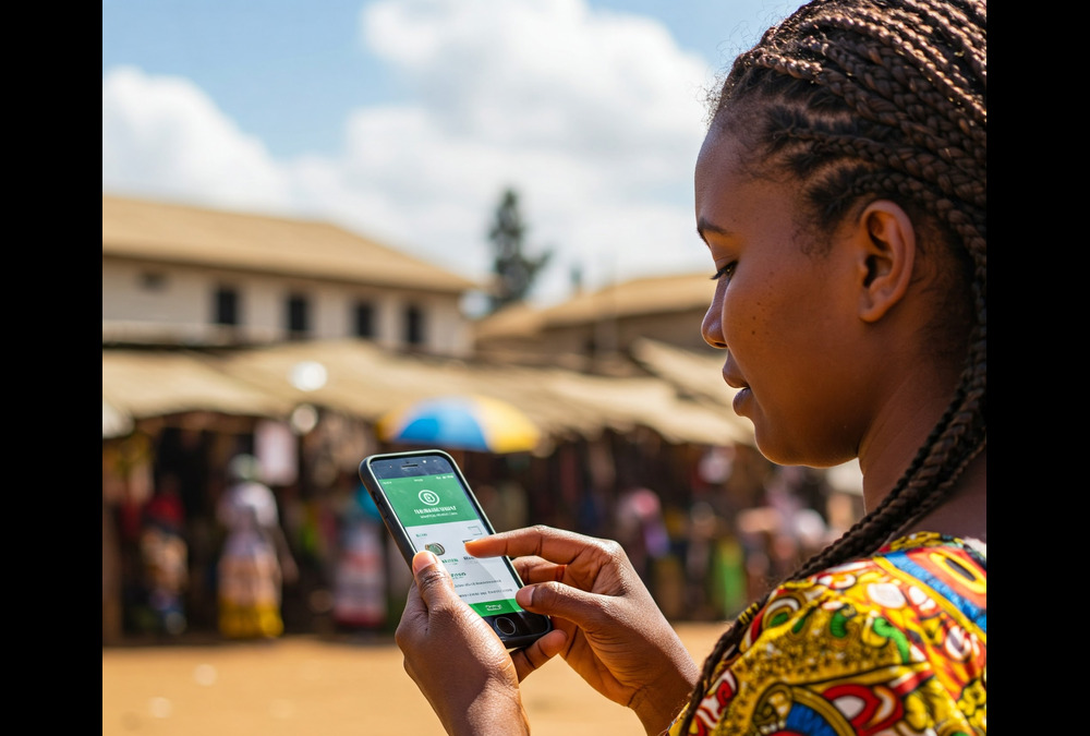 African woman using mobile money on a smartphone, depicting the continent’s rapid digital disruption and mobile payment adoption.