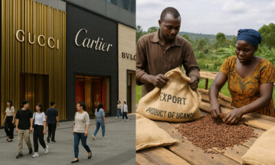 Side-by-side image showing luxury brand stores in China and African coffee farmers exporting beans, reflecting shifting consumer and trade dynamics