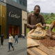 Side-by-side image showing luxury brand stores in China and African coffee farmers exporting beans, reflecting shifting consumer and trade dynamics