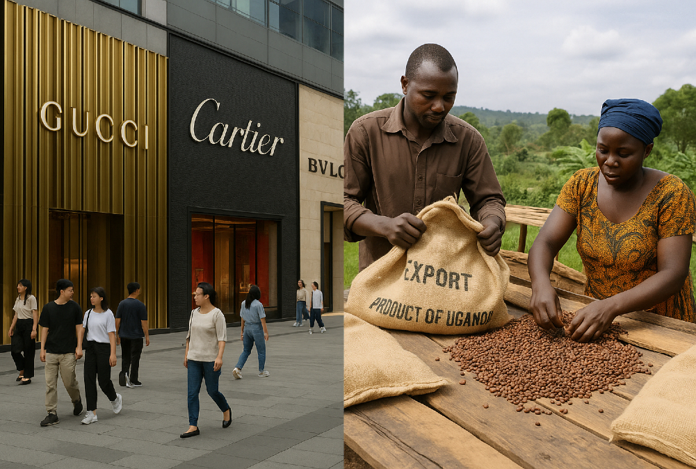 Side-by-side image showing luxury brand stores in China and African coffee farmers exporting beans, reflecting shifting consumer and trade dynamics