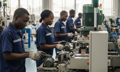 African factory workers operating machinery in a local manufacturing plant, symbolizing industrial growth and economic empowerment across the continent