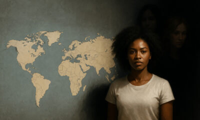 Illustration symbolizing the distortion of self-worth, featuring a minimized map of Africa and empowered women emerging from shadows, representing resistance to historical oppression and reclaiming identity.