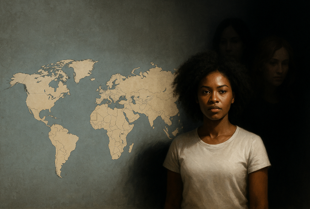 Illustration symbolizing the distortion of self-worth, featuring a minimized map of Africa and empowered women emerging from shadows, representing resistance to historical oppression and reclaiming identity.