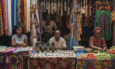 Small African business owners working in a local market, symbolizing the challenge of scaling enterprises across the continent.