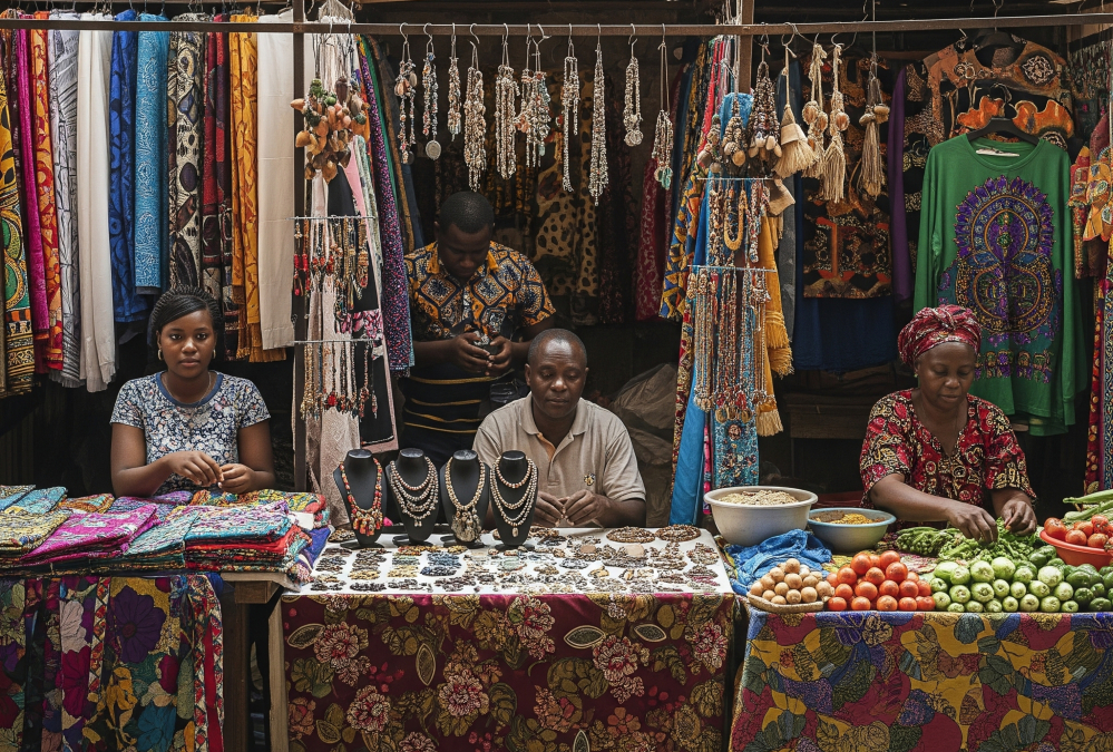 Small African business owners working in a local market, symbolizing the challenge of scaling enterprises across the continent.