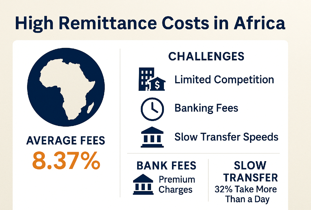 Infographic showing high remittance costs to Africa with average fees of 8.37%, highlighting challenges like limited competition, banking fees, and slow transfer speeds affecting cross-border money transfers.