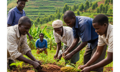 Smallholder African farmers working in fields with digital tools, symbolizing food system innovation and resilience amid population growth.