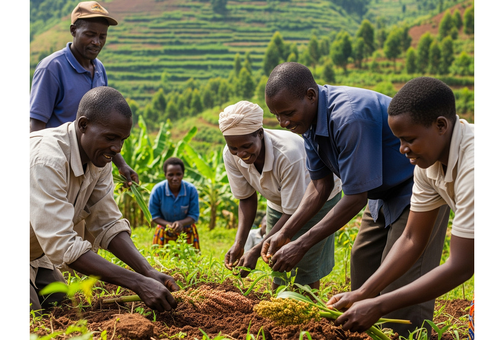 Smallholder African farmers working in fields with digital tools, symbolizing food system innovation and resilience amid population growth.