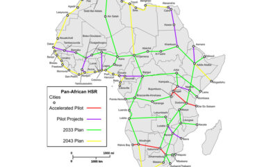 Map illustrating the proposed Pan-African High-Speed Railway network, showing planned routes connecting major African cities from Cape Town to Cairo and Lagos to Nairobi as part of Agenda 2063.