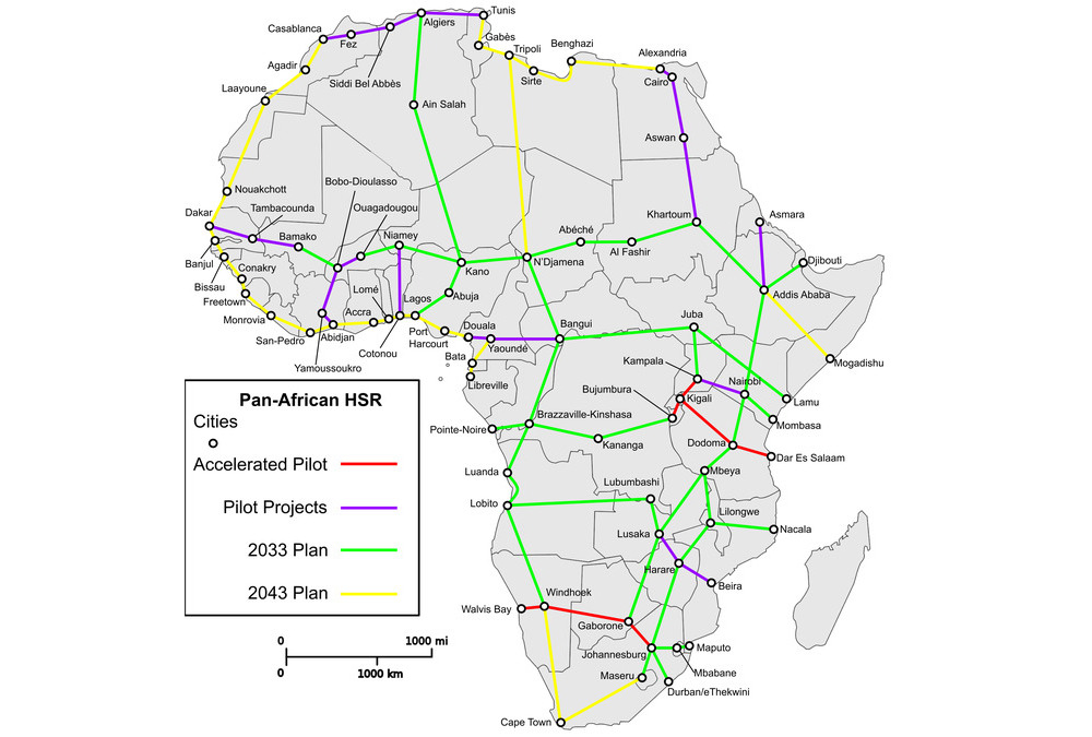 Map illustrating the proposed Pan-African High-Speed Railway network, showing planned routes connecting major African cities from Cape Town to Cairo and Lagos to Nairobi as part of Agenda 2063.