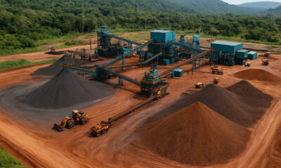 Aerial view of manganese mining operations in Gabon, highlighting the country's plan to halt raw manganese exports by 2029 to boost local processing and economic growth.