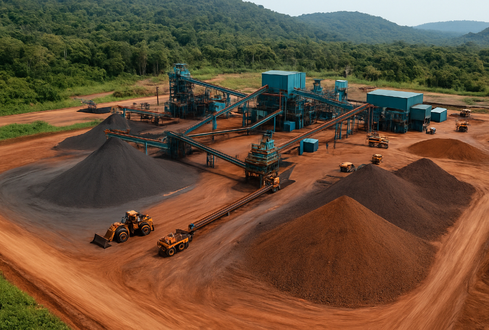 Aerial view of manganese mining operations in Gabon, highlighting the country's plan to halt raw manganese exports by 2029 to boost local processing and economic growth.