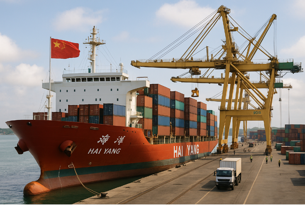 Chinese cargo ship docked at an African port, symbolizing growing China-Africa trade ties and economic cooperation in 2025.