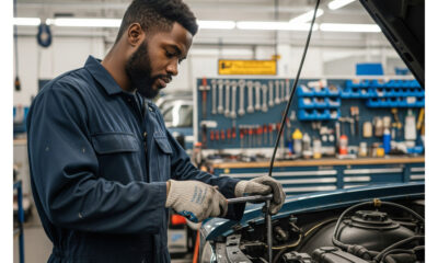 Skilled mechanic performing vehicle maintenance in a local African repair workshop, symbolizing the importance of the automotive aftermarket services sector