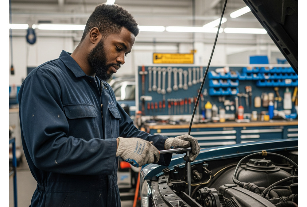 Skilled mechanic performing vehicle maintenance in a local African repair workshop, symbolizing the importance of the automotive aftermarket services sector