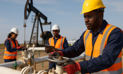 African energy workers managing oil and gas infrastructure symbolizing the continent’s push for energy independence and economic empowerment without reliance on foreign aid.