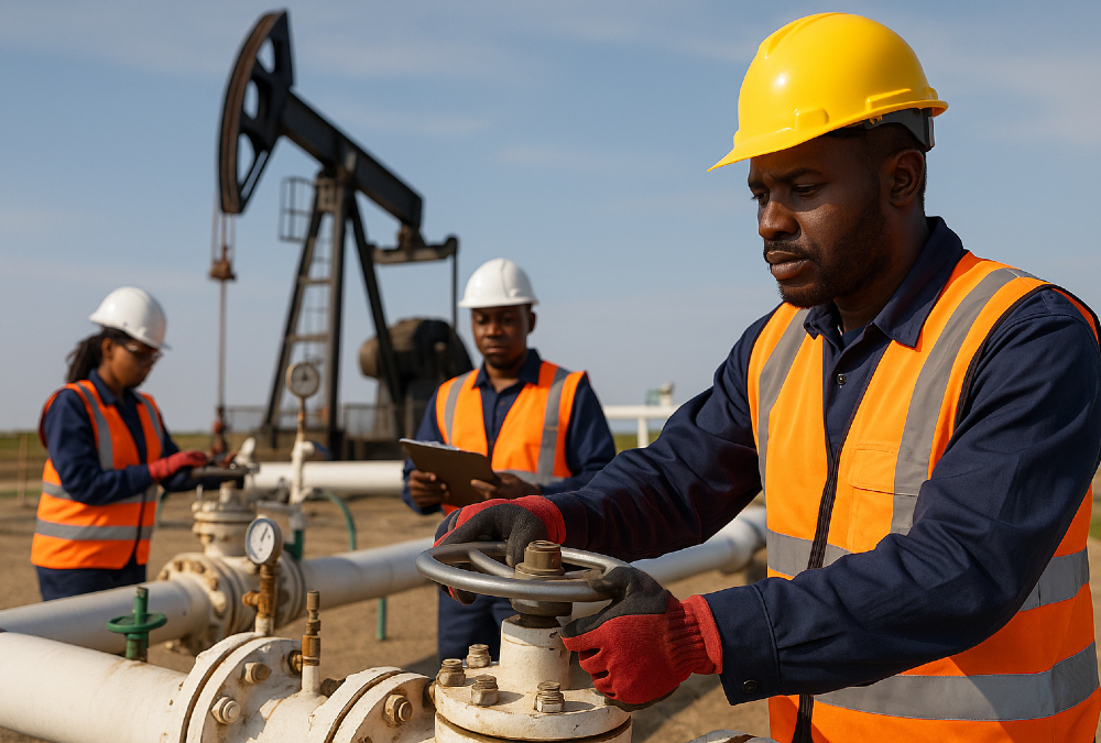 African energy workers managing oil and gas infrastructure symbolizing the continent’s push for energy independence and economic empowerment without reliance on foreign aid.