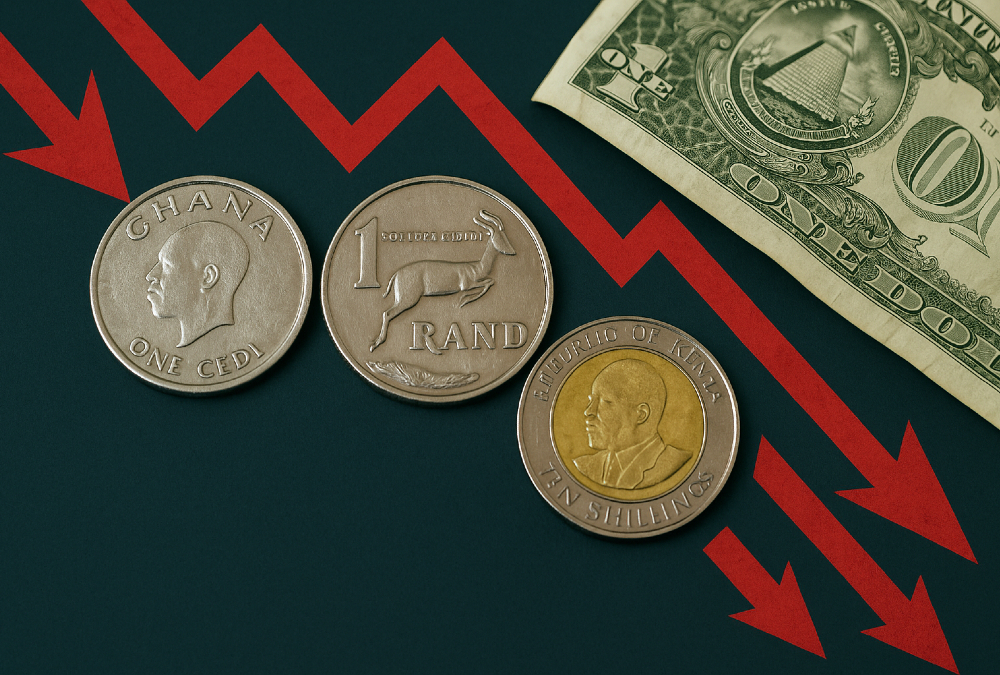 Illustration of African currencies falling against the U.S. dollar, symbolizing economic dependence, foreign debt, and import reliance in Africa.