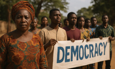 African citizens in traditional attire marching peacefully for democracy, symbolizing cultural diversity and the call for accountable, rights-based governance across the continent.