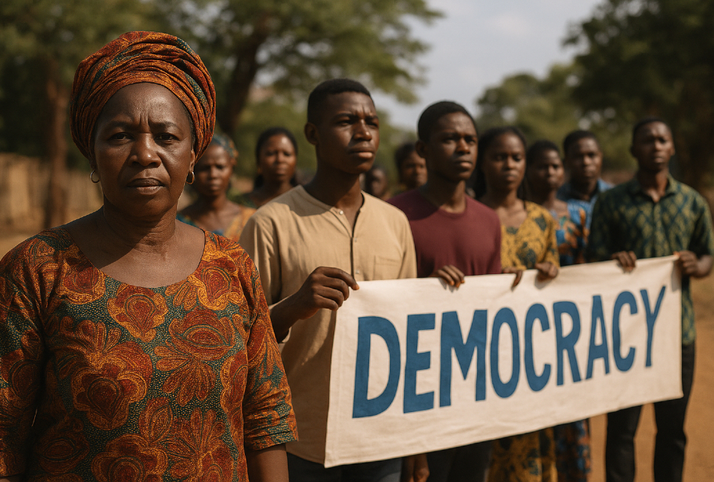 African citizens in traditional attire marching peacefully for democracy, symbolizing cultural diversity and the call for accountable, rights-based governance across the continent.