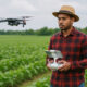 Young agricultural innovator using drone technology in a green field, symbolizing youth-driven transformation in modern farming and food security.