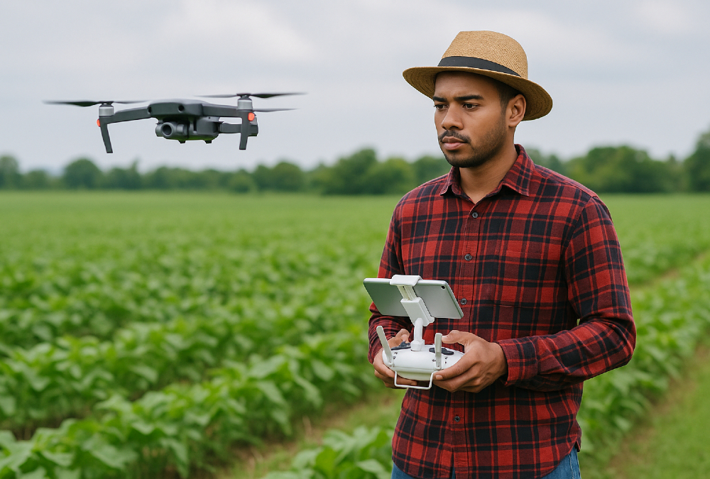 Young agricultural innovator using drone technology in a green field, symbolizing youth-driven transformation in modern farming and food security.