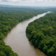 Aerial view of the Congo River winding through lush equatorial forests, symbolizing Africa’s vast freshwater resources and untapped hydropower potential in the Democratic Republic of the Congo.