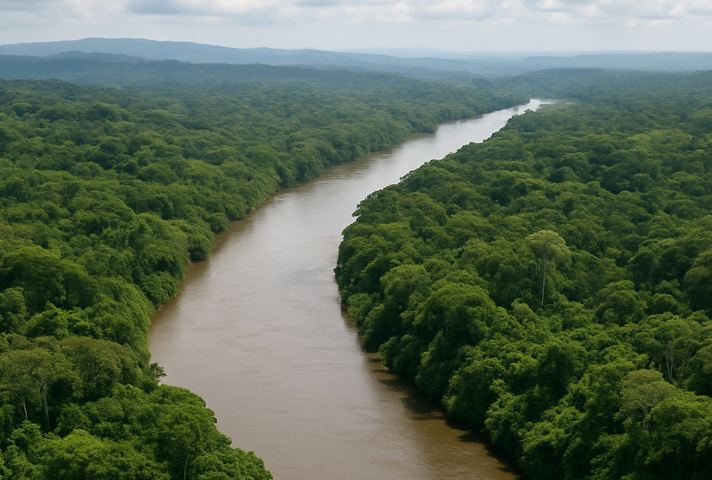 Aerial view of the Congo River winding through lush equatorial forests, symbolizing Africa’s vast freshwater resources and untapped hydropower potential in the Democratic Republic of the Congo.