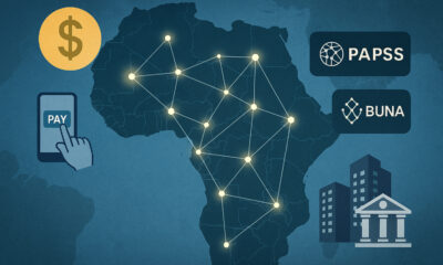 Illustration of Africa's financial transformation showing interconnected digital payment systems like PAPSS and BUNA, symbolizing reduced dollar dependence and regional economic integration across African countries.
